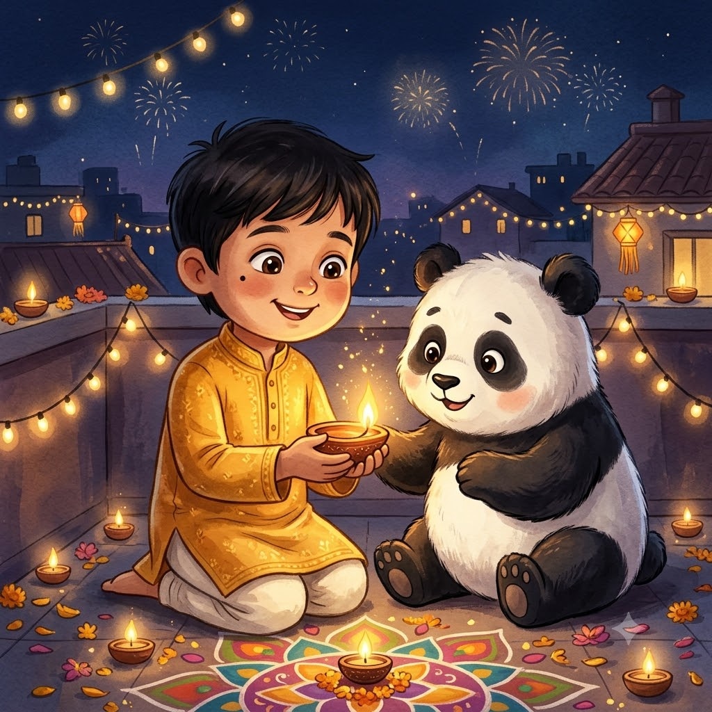 Kid Panda kitaab ka cover: baccha aur panda Diwali ka diya jalate hue