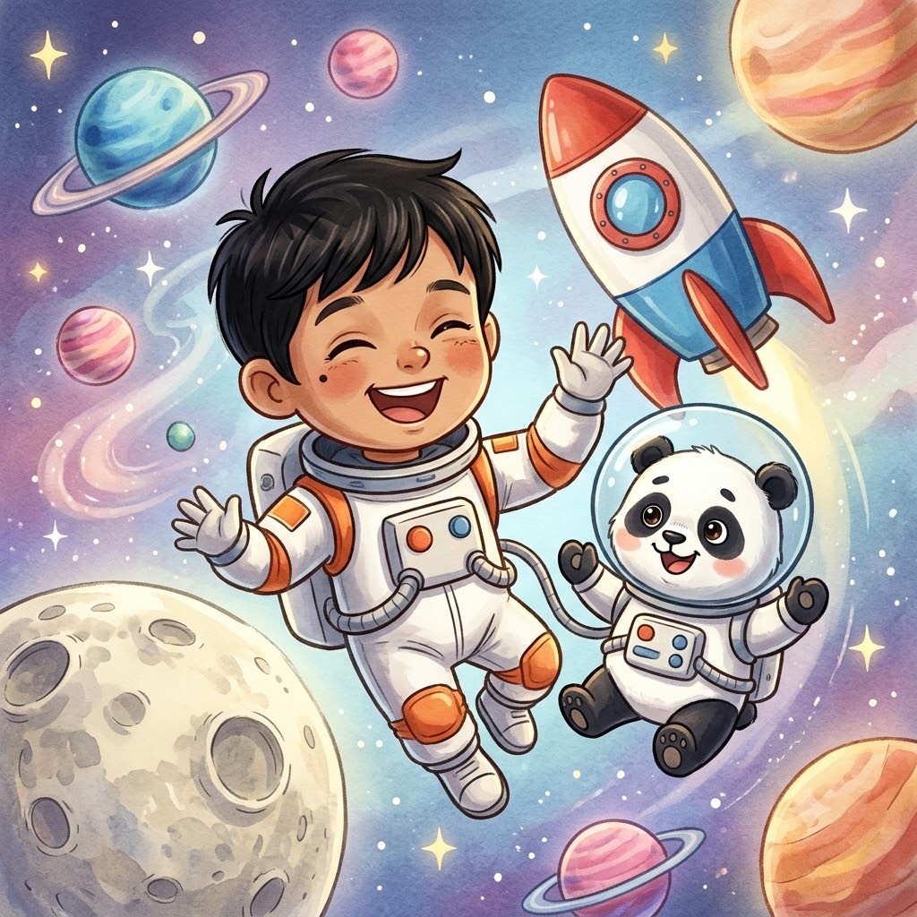 Page: baccha antriksh mein rocket ke paas